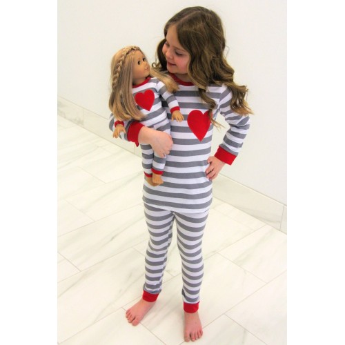 Doll & Me Set - Gray Red Heart Striped Pajamas